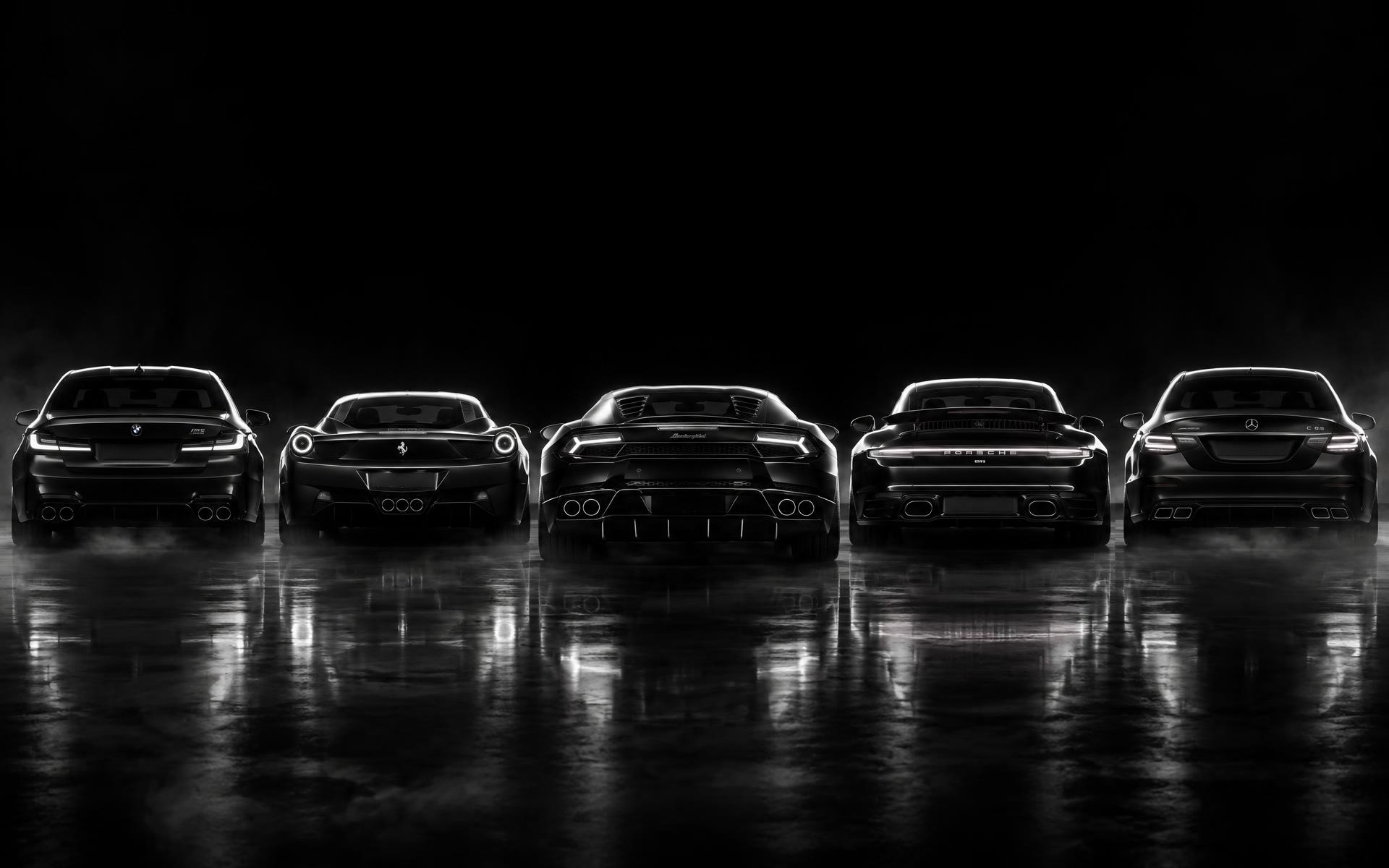 BMW, Ferrari, Lamborghini, Porsche e Mercedes vistos por trás no estúdio